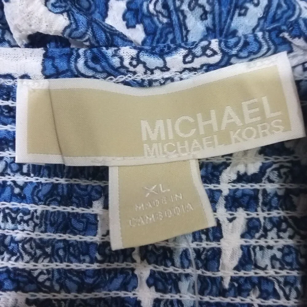 MICHAEL KORS BLUE WHITE PAISLEY SHORT SLEEVE LINED MAXI DRESS SIZE XL